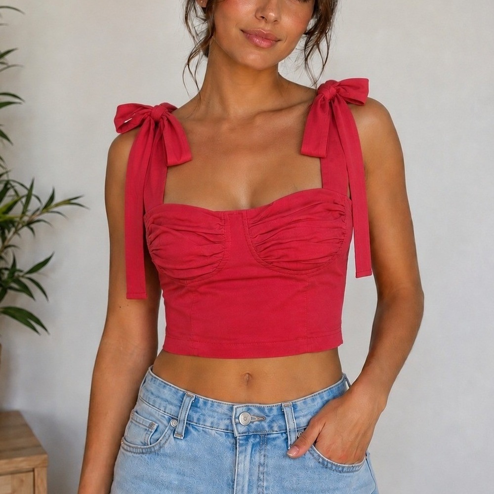 Mable Red Tie Shoulder Bow Ruched Bustier Crop Top Small Romantic Coquette Girly
